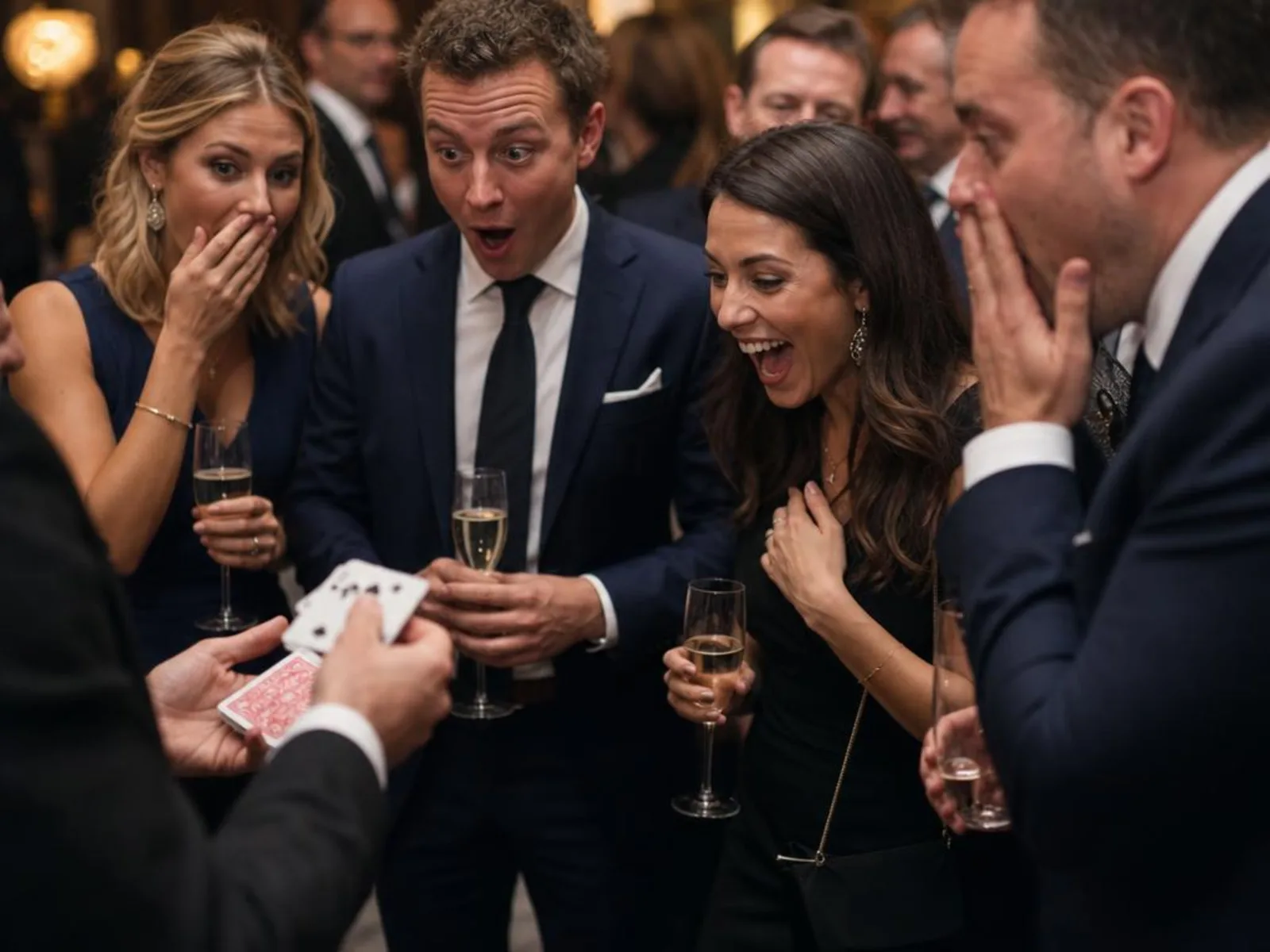 Invitați la o gală corporate reacționând uimiți la un moment de mentalism close-up